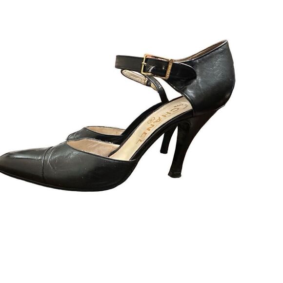 Chanel - Black Leather Strap Heels Sz37 1//2 US 7 - Picture 2 of 8